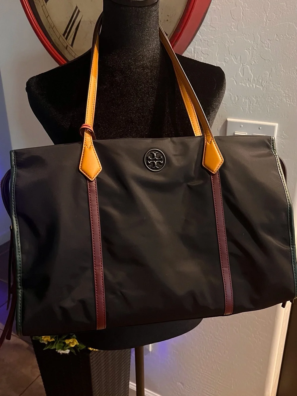 Tory Burch Black Nylon Tote with Leather Tan Straps and Burgundy Trim